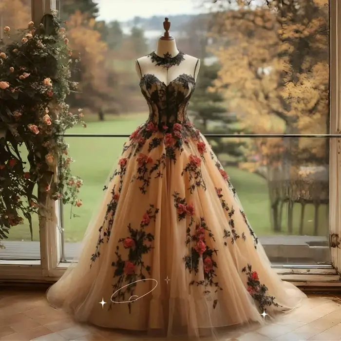 Robes de mariée gothiques noires champagne avec appliques florales 3D