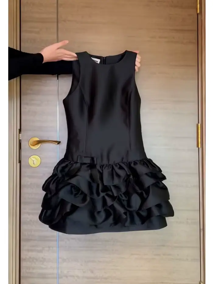 Robe courte de soirée Vintage française pour femmes, noire, élégante, gilet à volants, Style Hepburn