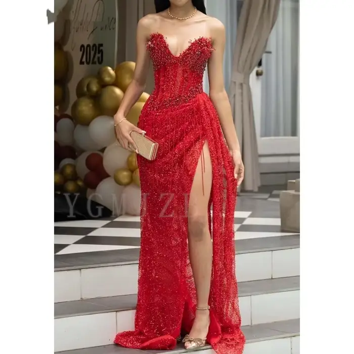 Robe de Soirée Formelle Luxe Brillante pour Femme, Élégante avec Perles et Fente Haute, Robe de Bal