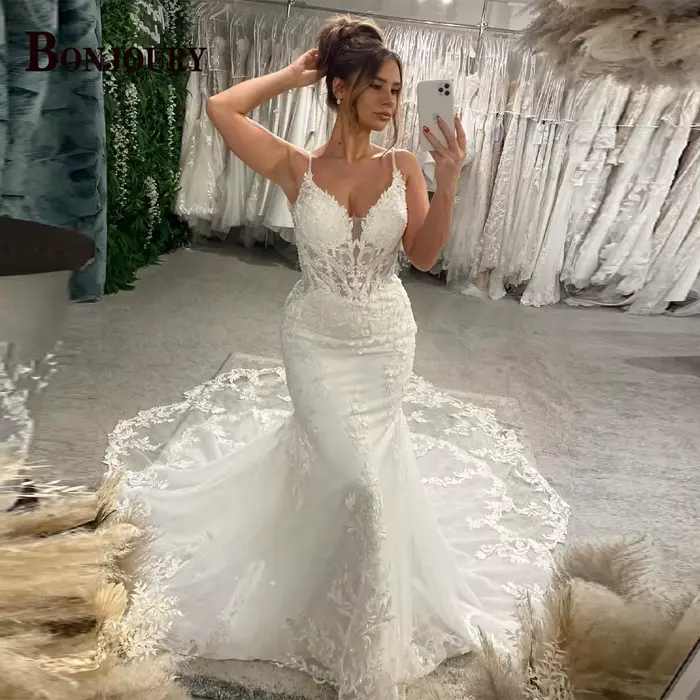 BONJOURY – robe De mariée classique pour femmes, bretelles Spaghetti, trompette, boutons appliqués, 