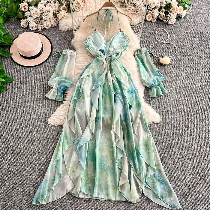 Robe en mousseline de soie gris sans manches pour femmes avec col en V et imprimé champignons à offrir pour été plage et soirées