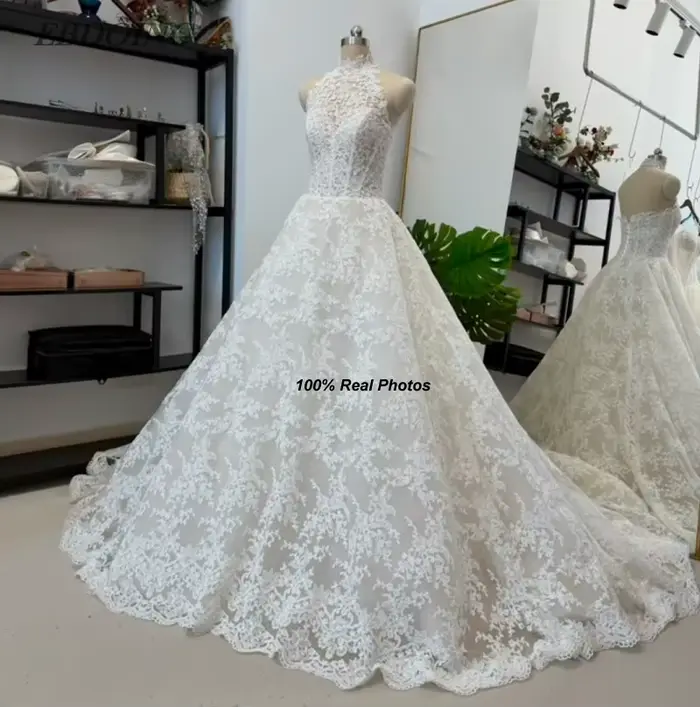 EBDOING Robe de mariée personnalisée, coupe trapèze, en dentelle, col licou, sans manches, avec laça