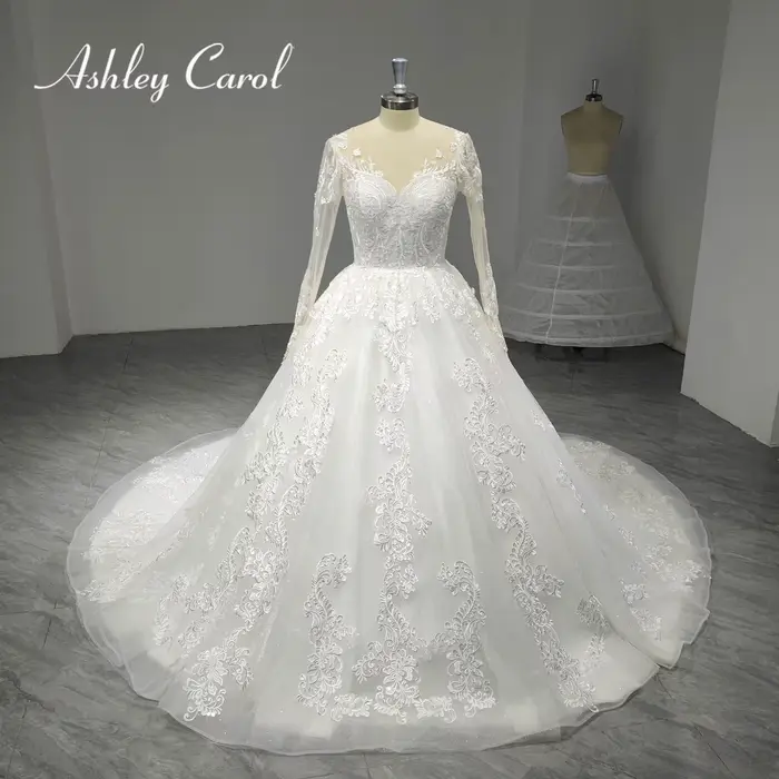 Ashley Carol robes De mariée à manches longues pour les femmes photos réelles mariée Illusion Appliq