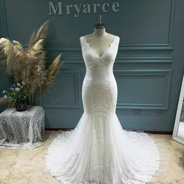 Robe de mariée bohème col en V dentelle extensible silhouette sirène pour femmes occasions spéciales