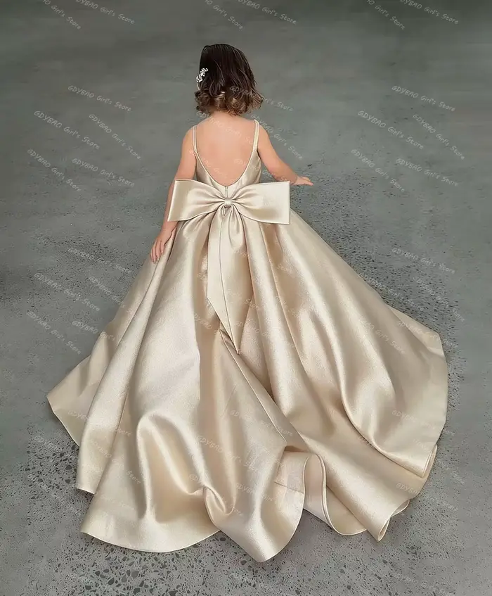 Robe de demoiselle d'honneur rose en satin plissé avec nœud et traîne brosse pour mariage, première communion et concours de beauté