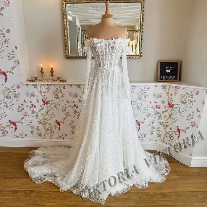 VIKTORIA perles délicates robes De mariée pour les femmes mariée col bateau dentelle a-ligne nœud Ro