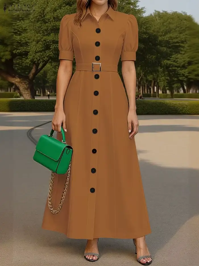 ZANZEA élégant Robe longue de soirée avec ceinture 2025 été femmes solide à manches courtes Maxi robes mode mariage