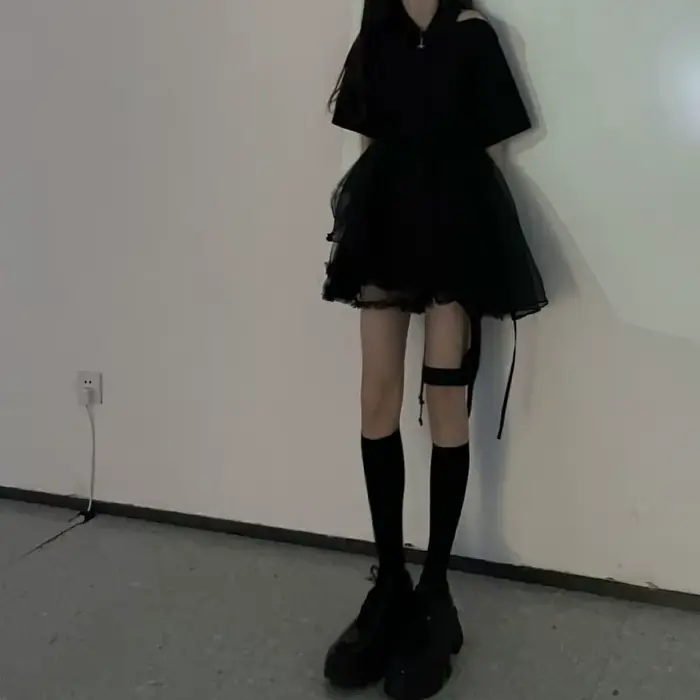 Robe Mini Femme Noire Harajuku Taille Haute Ample à Bretelles 2026