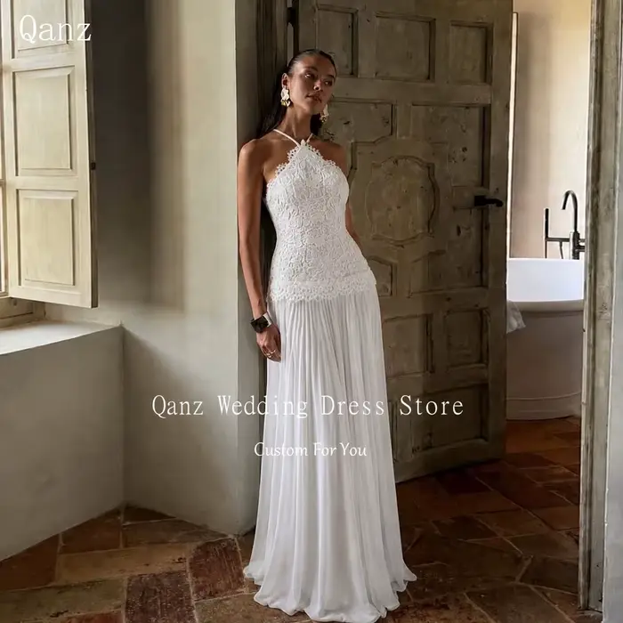 Qanz – robe de mariée bohème en mousseline de soie, longue, ligne A, avec appliques en dentelle blan