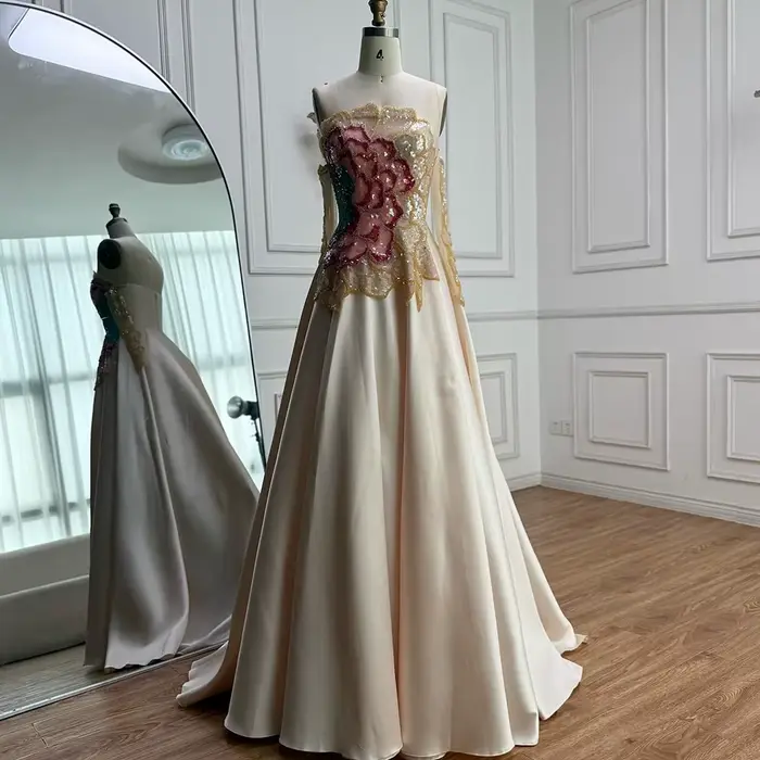 Robe de soirée trapèze en satin beige de luxe avec corsage à paillettes et manches détachables pour femmes toutes occasions spéciales