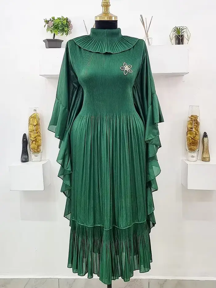 ANLAN 2024 printemps nouvelle robe plissée mode revers manches à volants couleur unie robes amples v