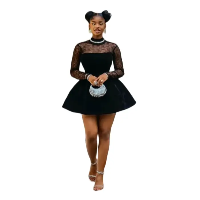 Petites robes noires pour femmes nigérianes, à manches longues, coupe trapèze, en dentelle, courtes,
