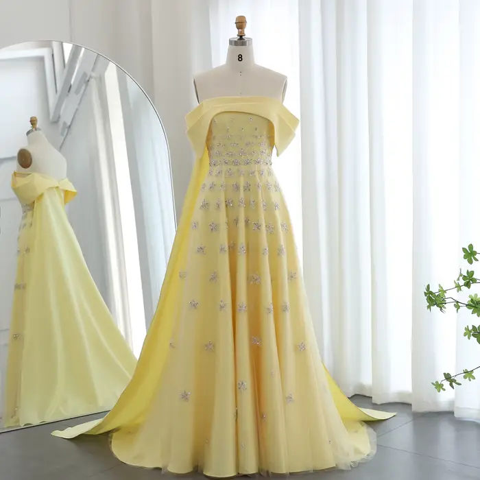 Sharon Said-Robe de Soirée en Satin Jaune pour Femme Arabe, Luxe, Dubaï, avec Cape Off, Initiée pour
