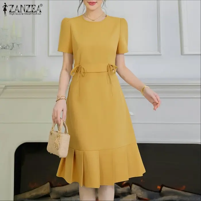 ZANZEA femmes robes de soirée été à manches courtes coréen genou longueur Robe d'été 2025 mode plissée couleur unie