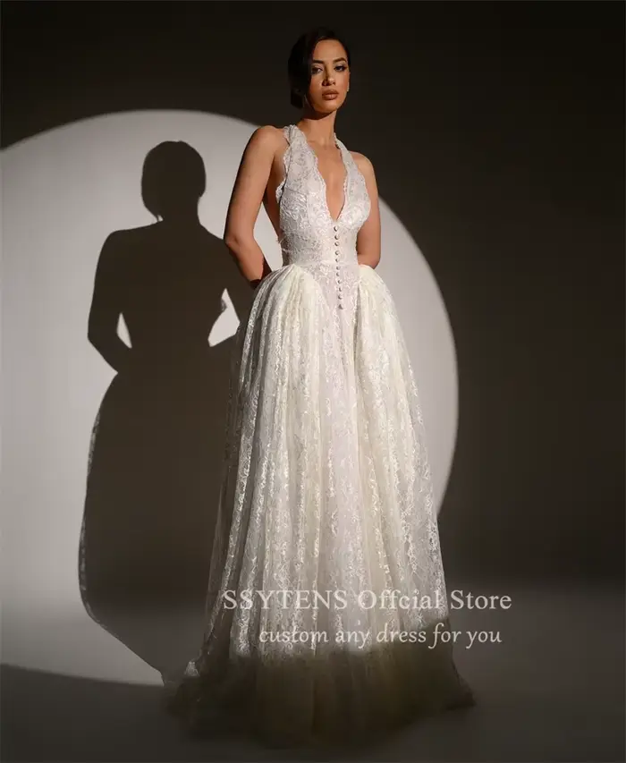 Robes de mariée dos nu de luxe, licou, cou, fibropatients, quelle que soit la longueur au sol, plein