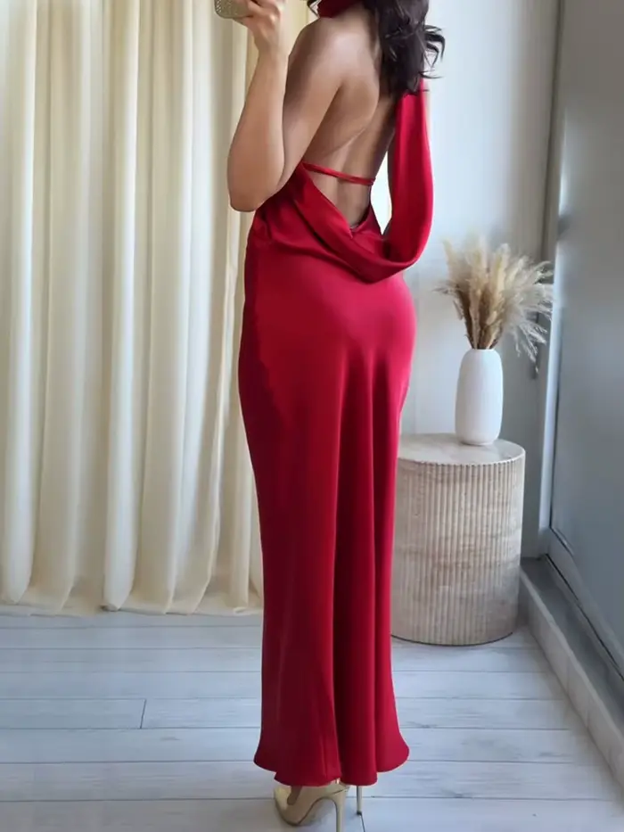 Robe longue sexy sans manches à col halter pour femme avec dentelle et fente décorative idéale pour l'été et les soirées occasions spéciales