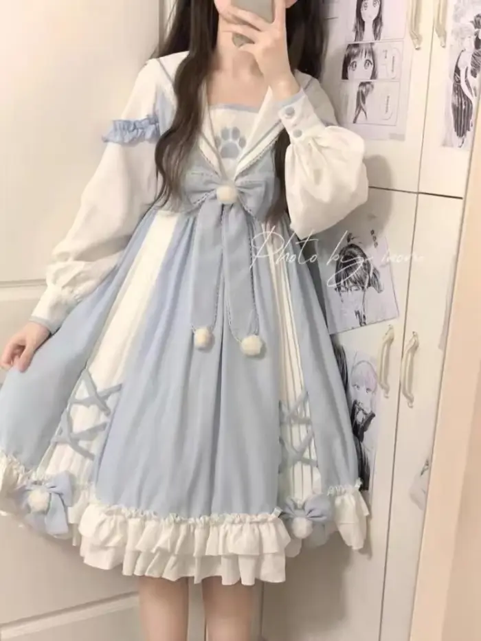 Robe Lolita bleue surdimensionnée pour femmes, col marin, nœud, manches courtes, style décontracté, printemps été, occassions spéciales