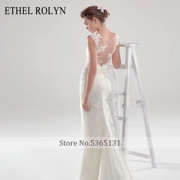 Robe de mariée sirène Ethel Rolynd avec dentelle et appliques, dos nu, col rond, disponible en plusieurs couleurs et tailles personnalisables pour femmes occasions spéciales