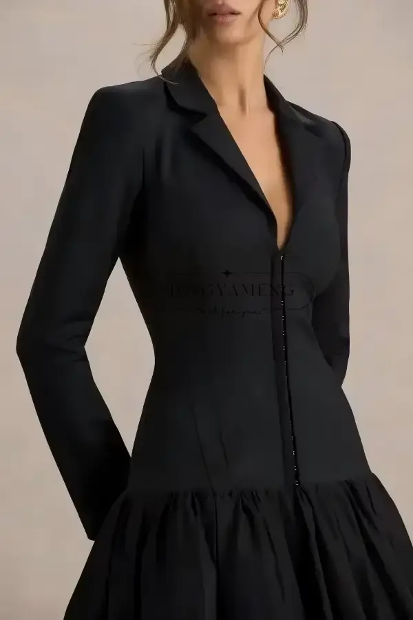 Robe de soirée noire ZHUISHU sexy à revers crantés pour femmes, col en V, longueur cheville, manches longues, occassions spéciales cocktail et bureau