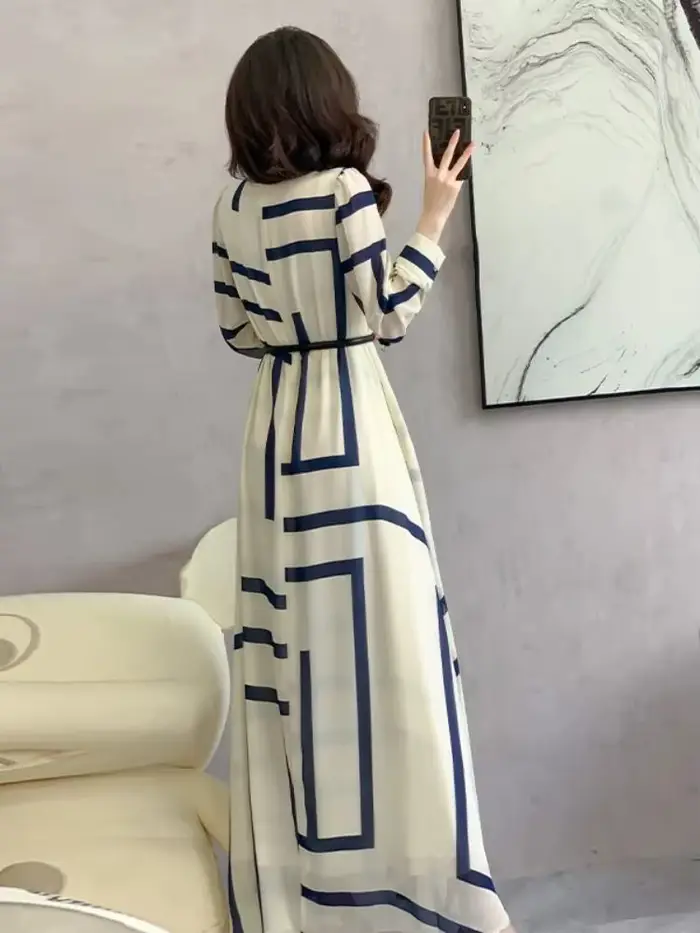 Robe géométrique en mousseline de soie pour femmes, décontractée, silhouette trapèze, imprimé moderne, tour de taille empire, printemps été