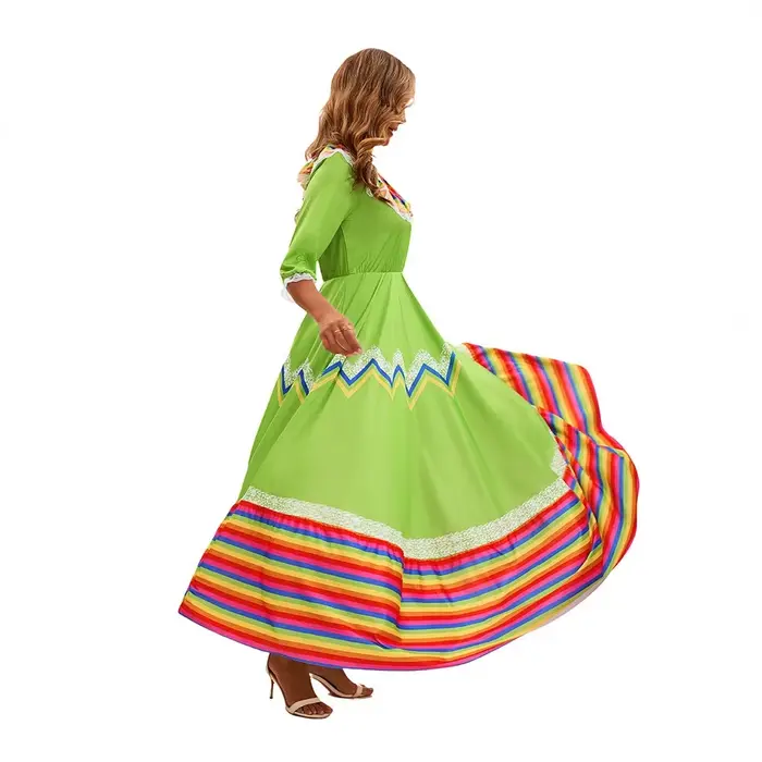 Robe longue ethnique espagnole et mexicaine rétro médiévale pour femmes, tenue de fête, de spectacle ou de jeu de rôle à thème