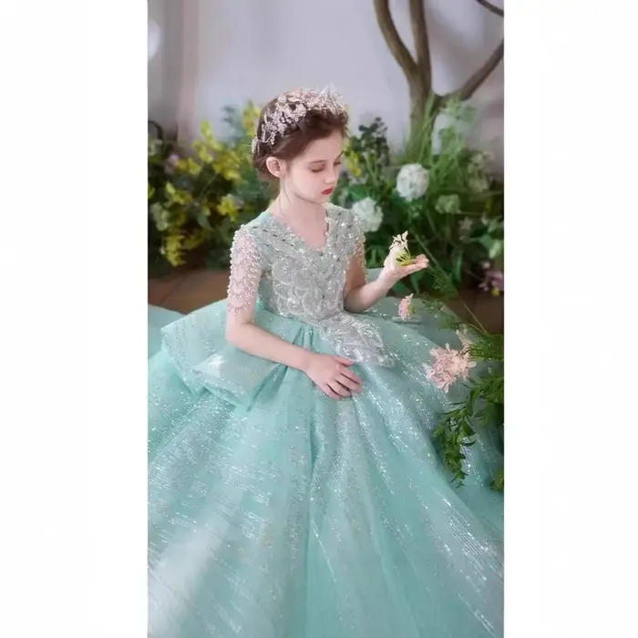 Robe formelle élégante pour filles robe de soirée verte à fleurs petite robe de Piano pour mariage anniversaire concours de princesse enfants filles occasion spéciale