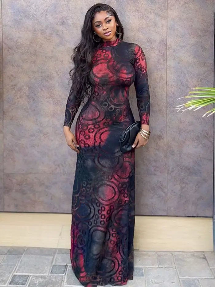 Robe Amincissante Femme Élégante Printemps Col Montant Imprimée Sexy Noire Manches Longues Vente en Gros