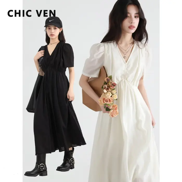 Robe décontractée en viscose et nylon Chic Ven pour femmes, col en V, manches courtes bouffantes, silhouette en ligne, idéale pour l'été et les occasions spéciales