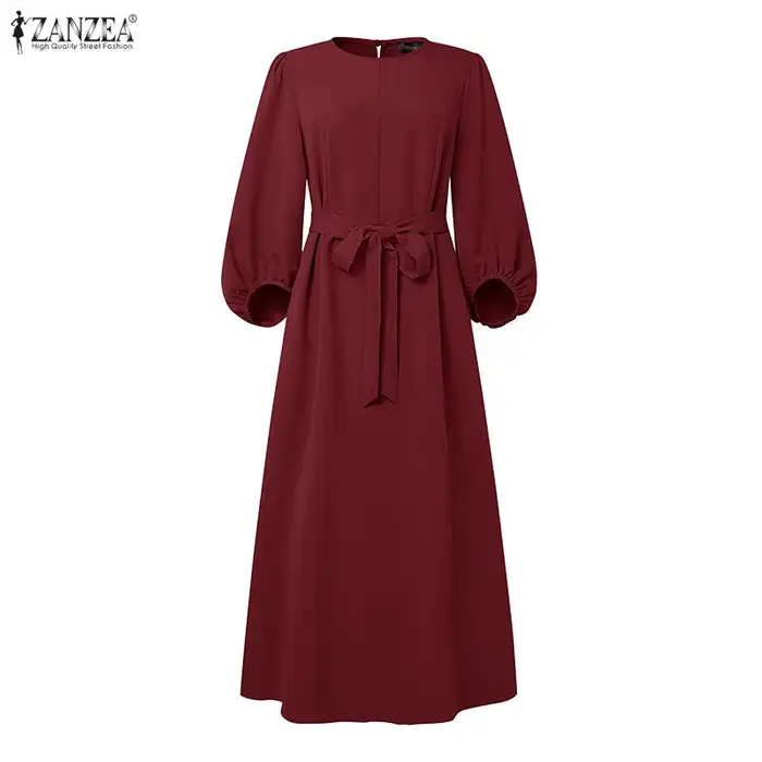 Robe longue modeste ZANZEA pour femme style Abaya col rond manches lanternes ceinture ample pour musulmanes hijab Eid Ramadan Kaftan