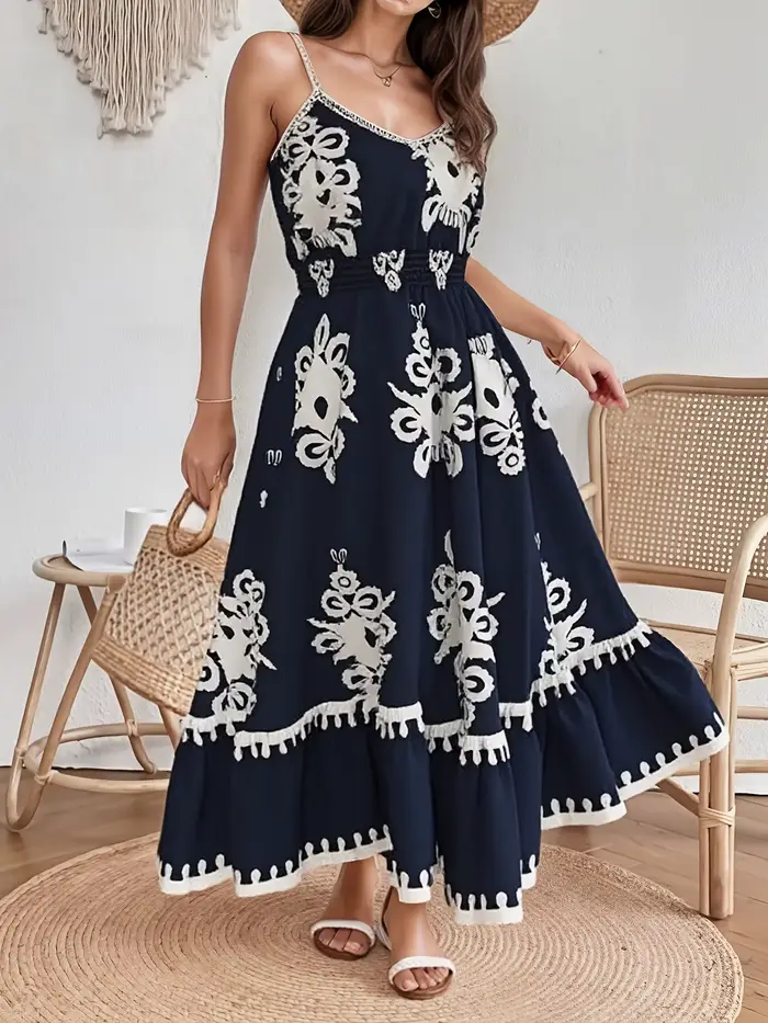 Robe Vintage élégante pour femmes, col en V, manches courtes, motif géométrique, Style vacances, imp