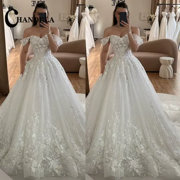 CHANDELA glamour chérie robe de mariée mariée hors de l'épaule dentelle Appliques robe de bal balaya