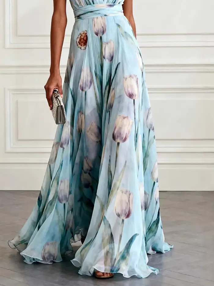 Robe longue en mousseline de soie à imprimé tulipes sans manches pour femmes, élégante et décontractée, idéale pour banquet et soirées spéciales