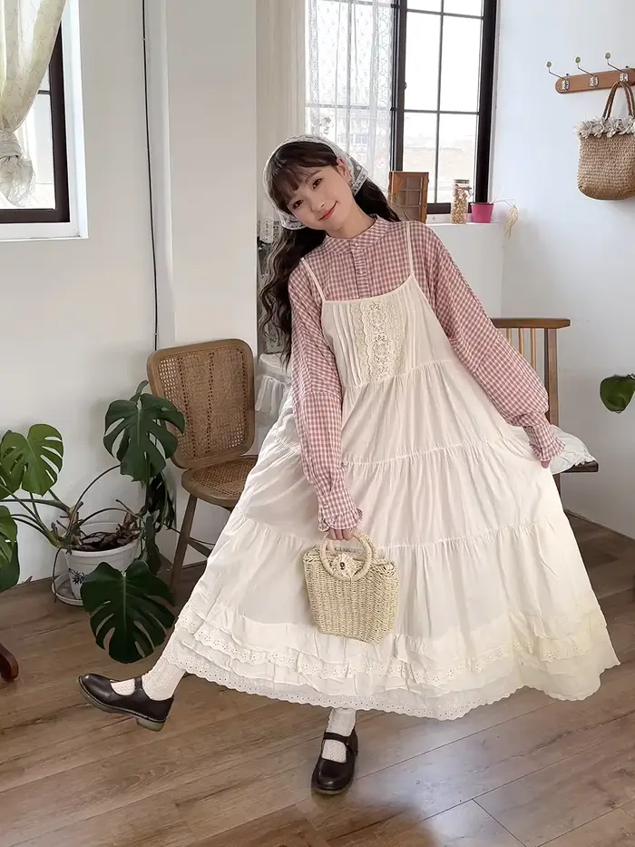 Japonais mori fille doux 100% coton évider robe brodée femmes spaghetti sangle robe blanc beige jupo
