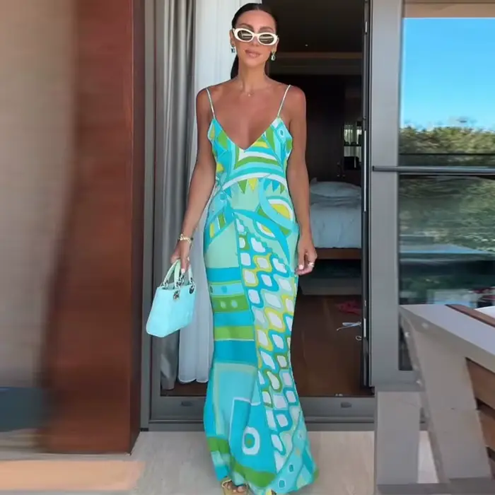 Robe de plage ample pour femme, imprimé géométrique tendance, col montant, manches larges boutonnées
