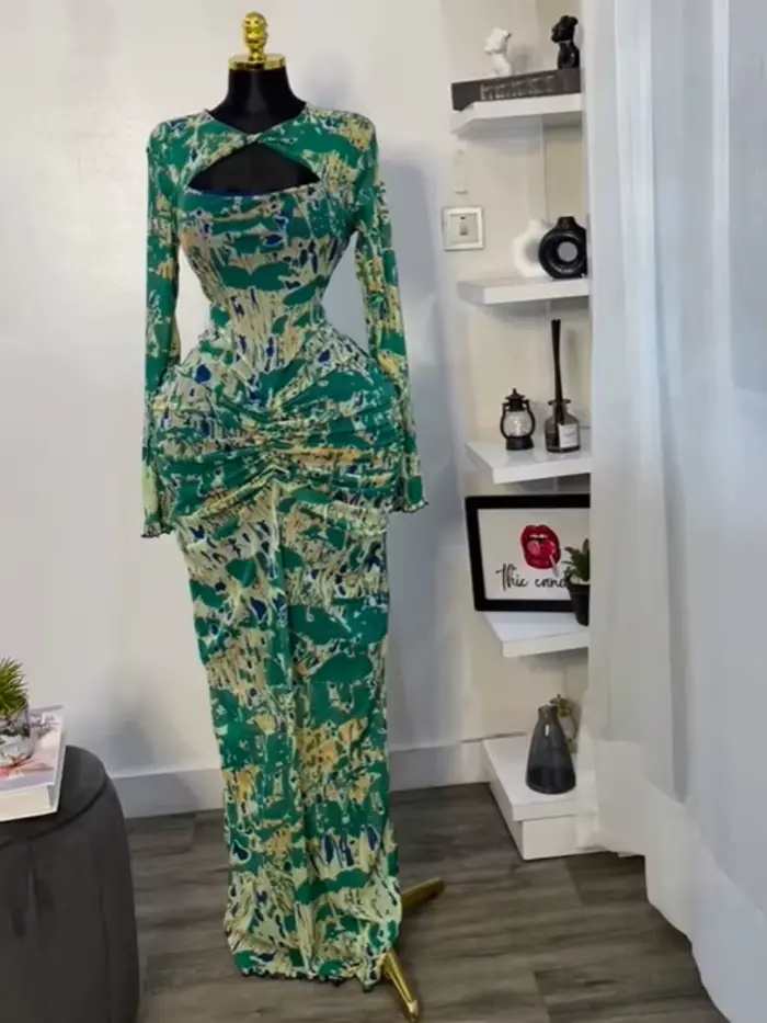 Automne 2025 femmes imprimé évider col en V manches longues moulante robe Maxi vacances Club fête nu