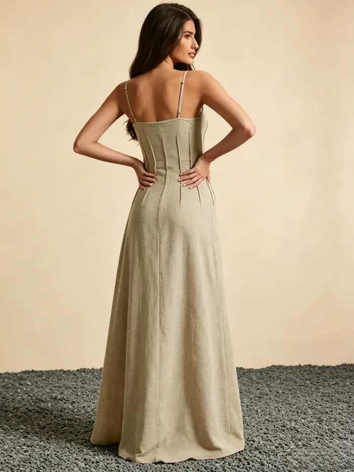 Robe longue d'été sans manches en polyester drapée à la française pour femmes, élégante et confortable pour occasions spéciales
