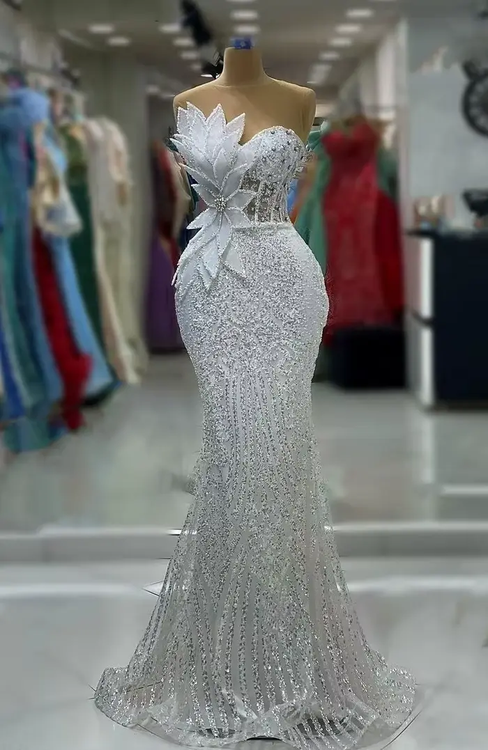 Robe de Bal Africaine Blanche à sulfPaillettes, Sirène, Cuir oral elu 3D, Corset Perlé, Robe de Soir