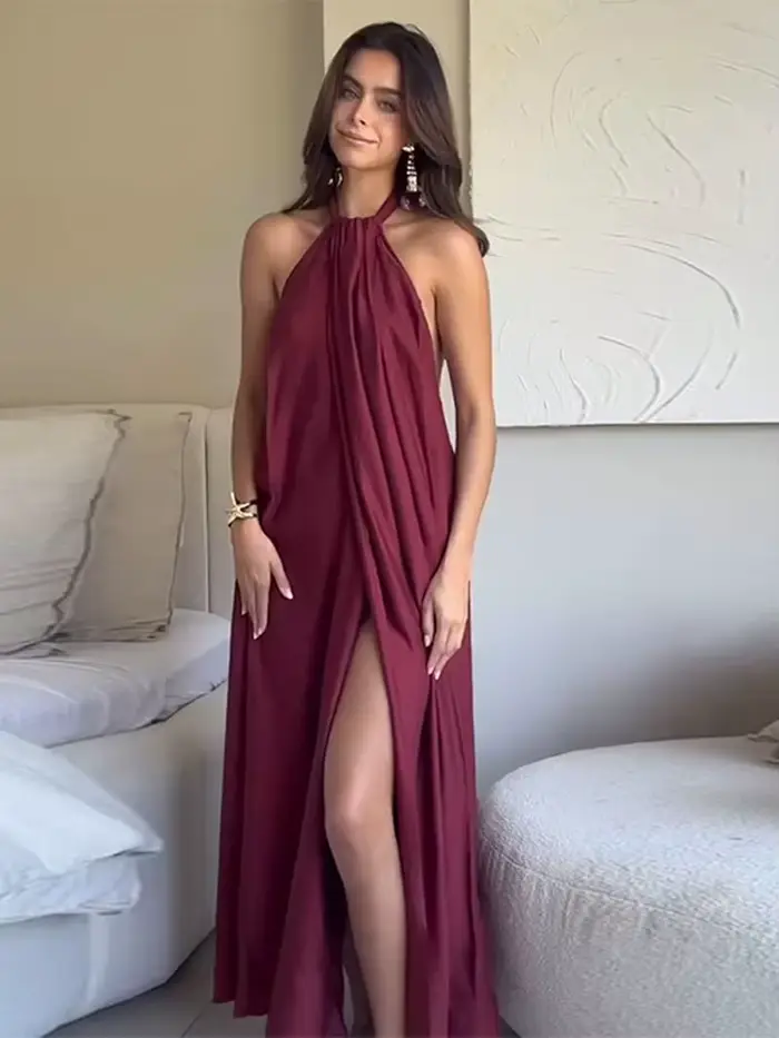 Mode femmes Robes longues licou élégant dos nu sans manches robe fendue femme été nouvelle dame plage vacances