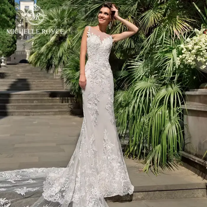 Michelle Royce sirène robes De mariée Sexy chérie Illusion Appliques bouton chapelle Train