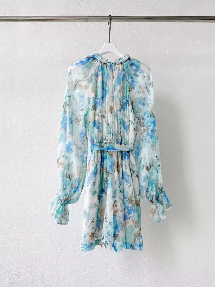 Robe pour femmes à imprimé floral bleu, 100% soie, manches évasées, col en V, taille à lacets, robe 