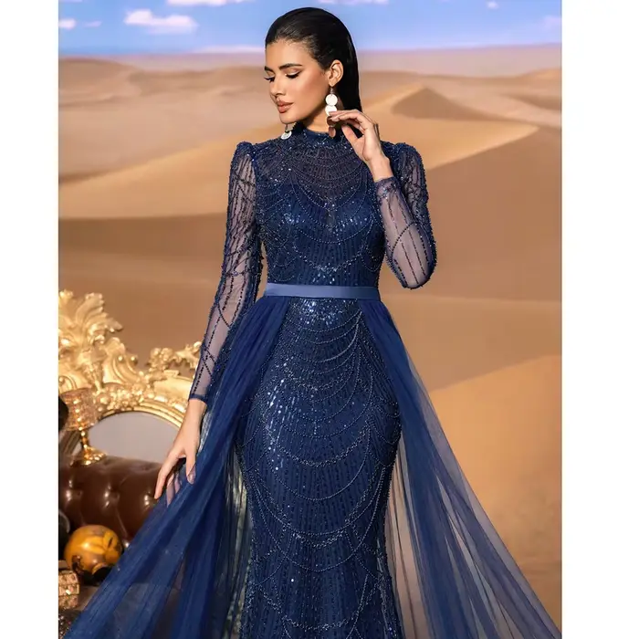 Robe de soirée élégante style sirène manches longues traîne détachable sequins pour mariage bal de promo personnalisable polyester tulle dentelle paillettes occassions spéciales