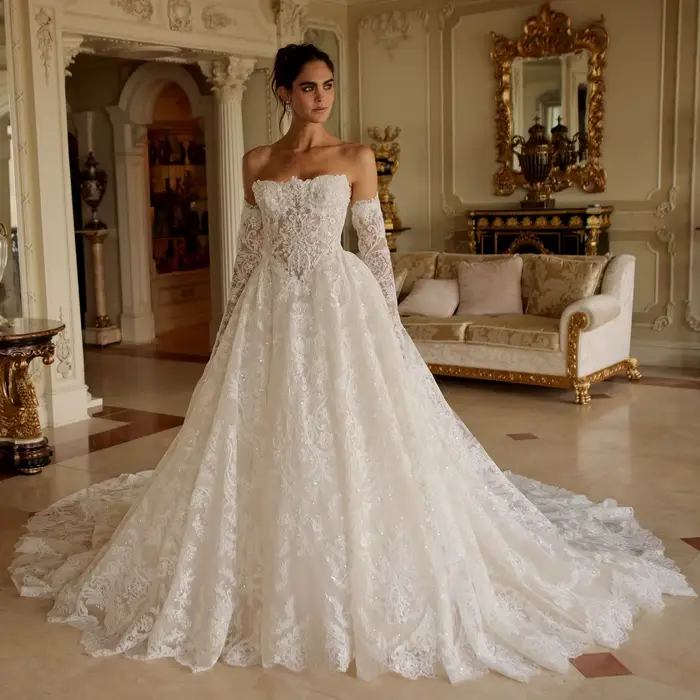 Robe de Mariage 2026 Luxe en Dentelle, Robe de Mariée Coupe Princesse avec Manches, Robes de Mariée