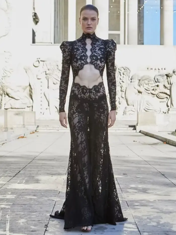 Robe longue en dentelle ajourée pour femmes, Sexy, manches longues, Design, noire, col rond, fendue,