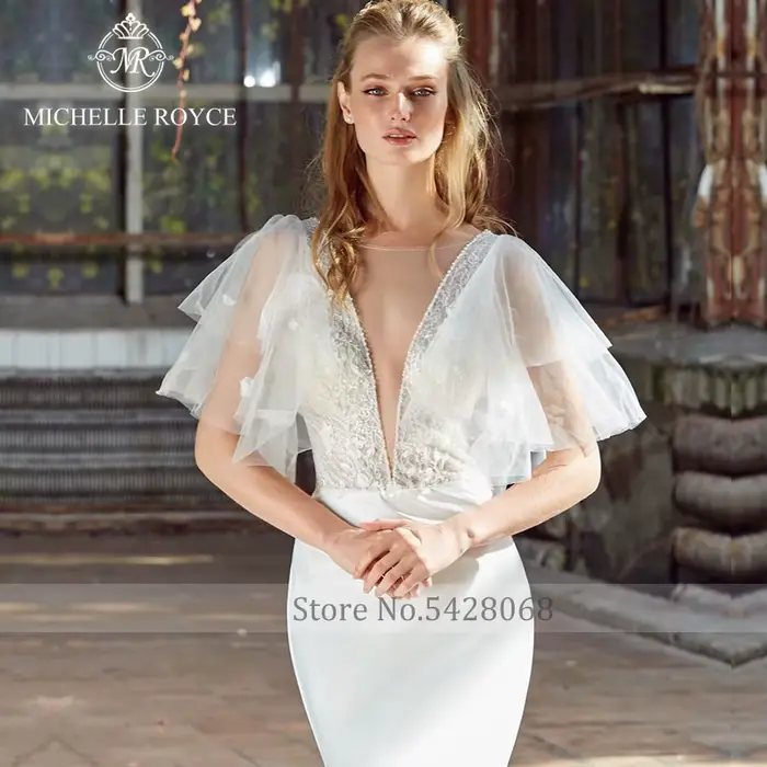 Robe de mariée Michelle Royce Sirène en mousseline avec décolleté en V illusion et manches évasées pour femmes élégantes et occasions spéciales