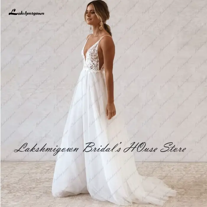 Robe de mariée Boho personnalisable en polyester et nylon avec train de balayage pour femmes, idéale pour les mariages, soirées de gala et cérémonies importantes