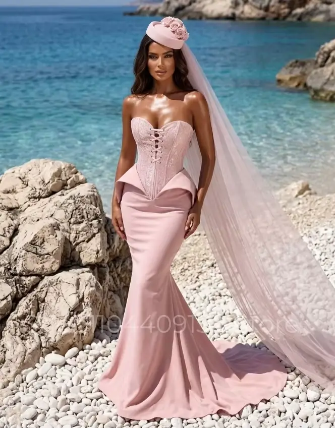 Robe de mariée sirène rose, romantique, en dentelle, avec corset, pour la plage, personnalisée