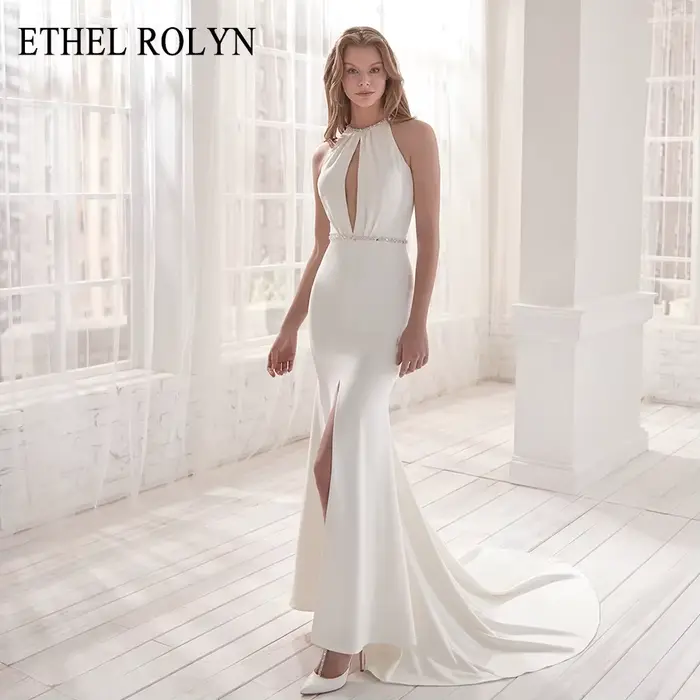 ETHEL ROLYN robe De mariée sirène licou élégant dos nu Satin cristal ceintures sans manches robes De