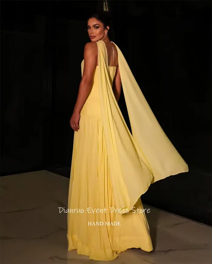 Dianruo rubans jaunes robes De soirée une ligne plissée robe formelle en mousseline De soie chérie