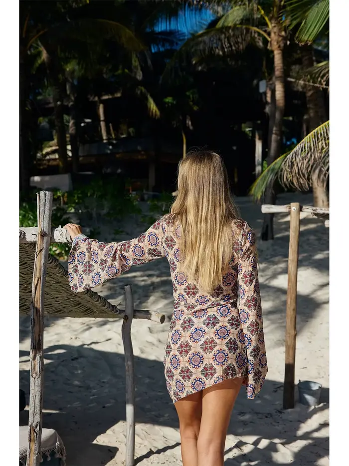 Robe de plage vintage à manches longues imprimée