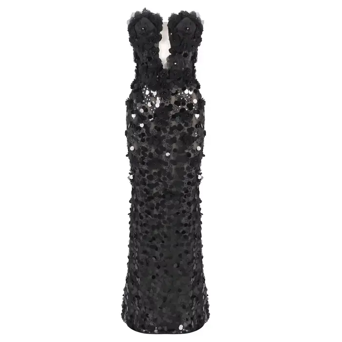Robes de soirée noires à paillettes florales – Conception sans bretelles avec détail en dentelle tra
